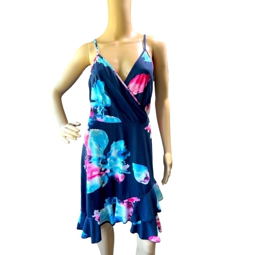Styleword Blue Floral Print V-Neck Spaghetti Strap Ruffled Sundress‎ Size S